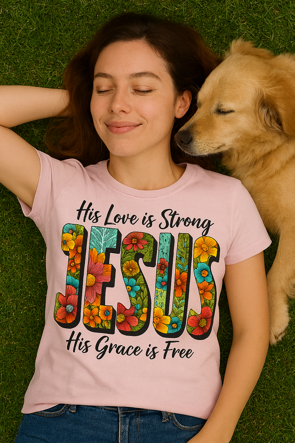 Camiseta His Love is Strong JESUS - Diseño Floral Cristiano