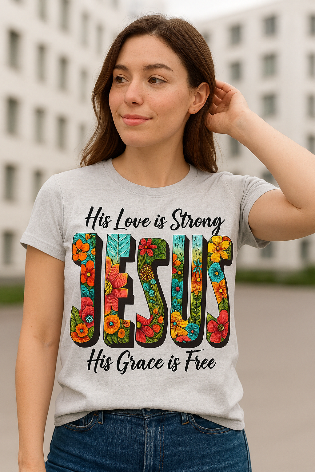 Camiseta His Love is Strong JESUS - Diseño Floral Cristiano