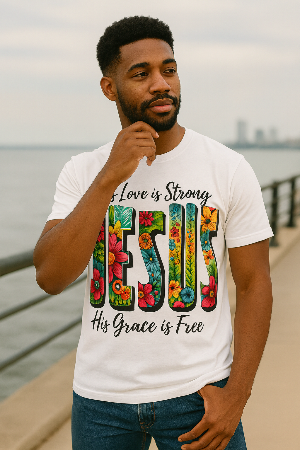 Camiseta His Love is Strong JESUS - Diseño Floral Cristiano