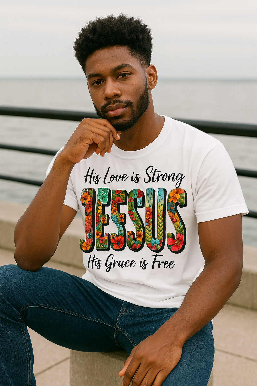 Camiseta His Love is Strong JESUS - Diseño Floral Cristiano