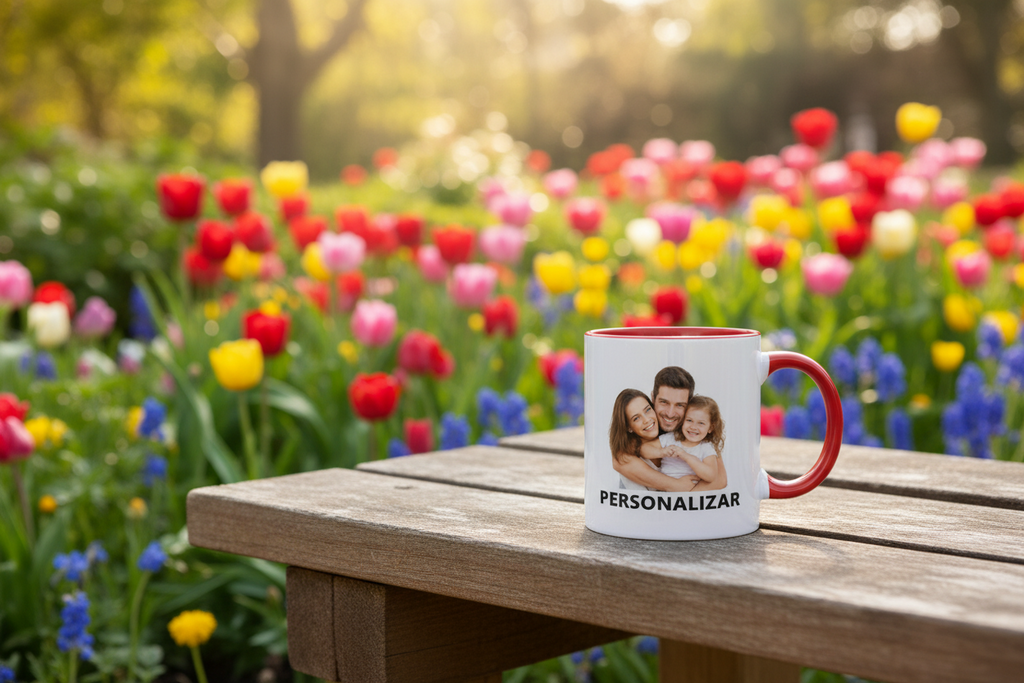 UNA TAZA CONARO Y ASA ROJO QUE TENGA UNA IMAGEN DE UNA PAREJA CON SU HIJA Y DIGA ABAJO PERSONALIZAR.QUE EL FONDO SEA CON UN JARDIN ATRAS Y UN BANCO CON UNA MANTA Y LA TAZA ARRIBA
